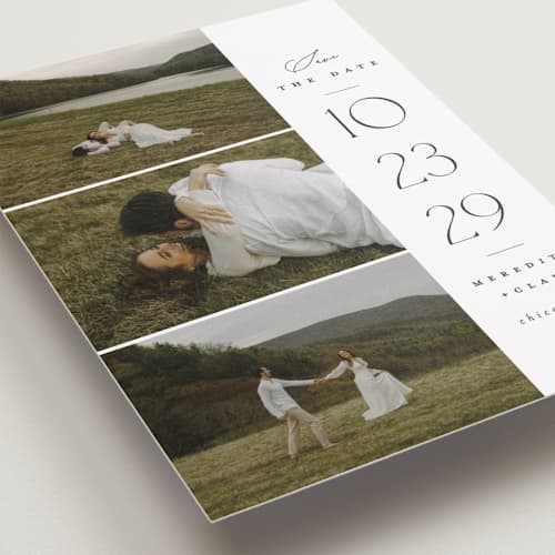This is a cotton save the date with standard by Carolyn Nicks called elegant trio printing on recycled smooth signature in standard