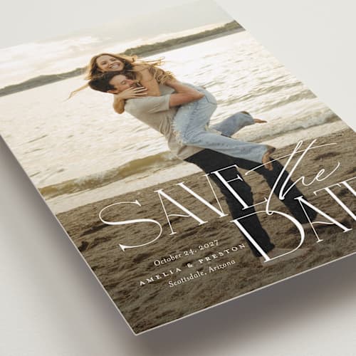 This is a sugar save the date with standard by Jessica Williams called stacked class printing on recycled smooth signature in standard