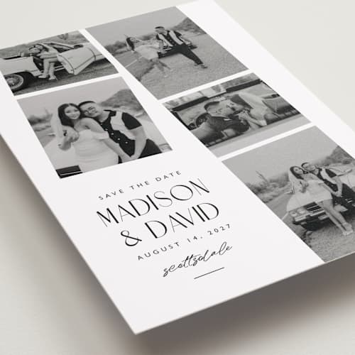 This is a sugar save the date with standard by Jessica Williams called photo booth printing on recycled smooth signature in standard