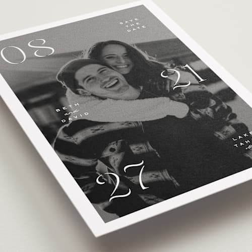 This is a classic save the date with standard by Olivia Kanaley Inman called elements printing on recycled smooth signature in standard