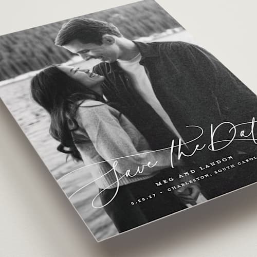 This is a snowfall save the date with standard by Lauren Chism called subtle rise printing on recycled smooth signature in standard