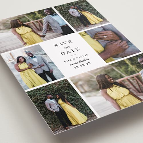 This is a cotton save the date with standard by Sara Hicks Malone called multitude printing on recycled smooth signature in standard