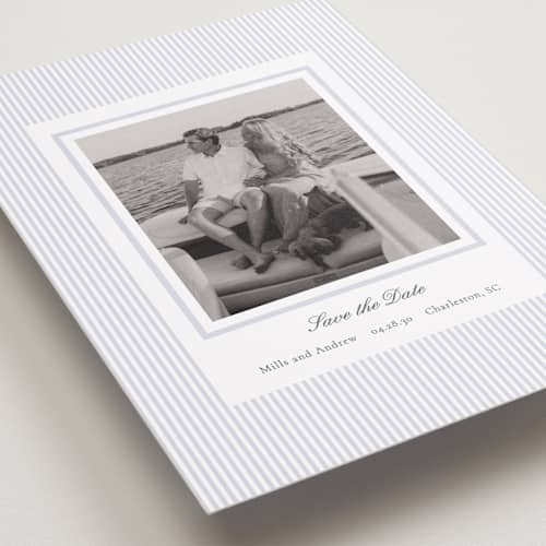 This is a sky save the date with standard by Sara Hicks Malone called seersucker stripe printing on recycled smooth signature in standard