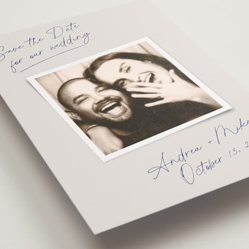 This is a mist save the date with standard by Side Note Design called candid ink printing on recycled smooth signature in standard