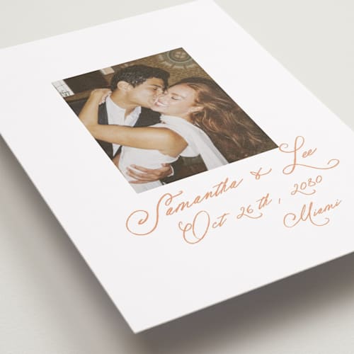 This is a peach save the date with standard by AK Graphics called flourishing printing on recycled smooth signature in standard