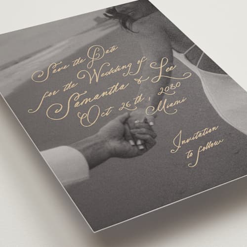 This is a wheat save the date with standard by AK Graphics called twirl printing on recycled smooth signature in standard