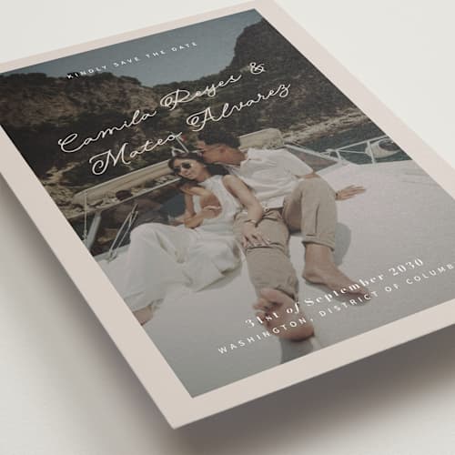 This is a yachting save the date with standard by Design Lotus called where our story begins printing on recycled smooth signature in standard