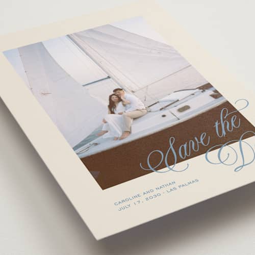 This is a capri save the date with standard by Creo Study called classic contemporary printing on recycled smooth signature in standard
