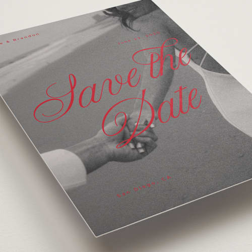 This is a crimson save the date with standard by Vera Lim called poster. printing on recycled smooth signature in standard