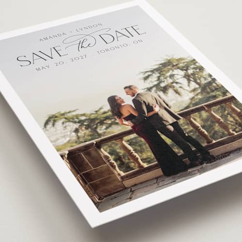 This is a cloud save the date with standard by Nicole Walsh called flourish printing on recycled smooth signature in standard