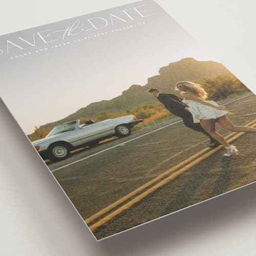 This is a ivory save the date with standard by Maja Cunningham called prose printing on recycled smooth signature in standard