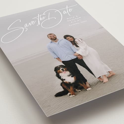 This is a snow save the date with standard by Lauren Chism called sweetest love printing on recycled smooth signature in 5x7