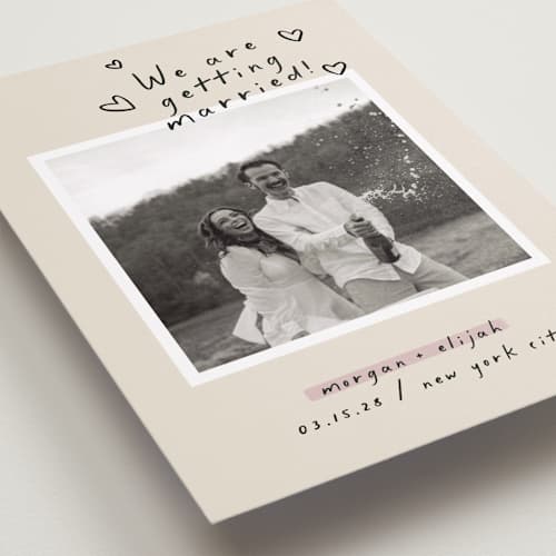 This is a nero save the date with standard by Pati Cascino called surprise! printing on recycled smooth signature in standard