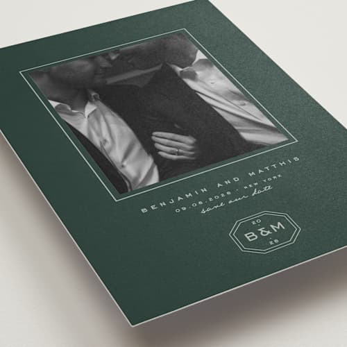 This is a garden save the date with standard by Blustery August called beignet printing on recycled smooth signature in standard