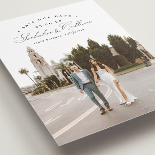 This is a onyx save the date with standard by Erica Krystek called arched type printing on recycled smooth signature in standard