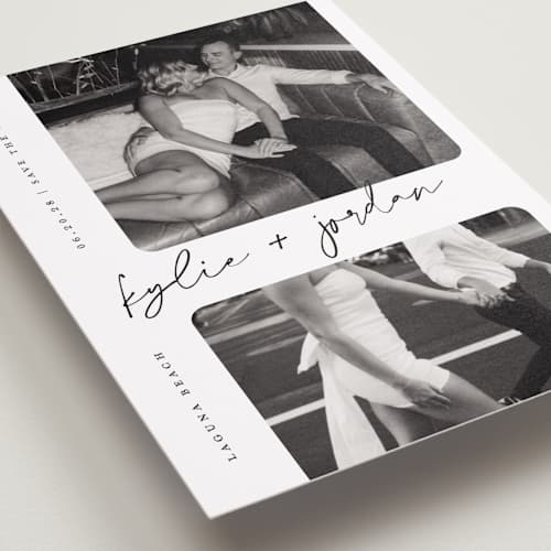 This is a snow save the date with standard by Sarah Curry called signature snapshots printing on recycled smooth signature in standard