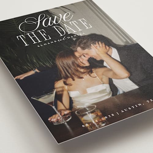 This is a porcelain save the date with standard by Maria Alou called his & hers printing on recycled smooth signature in standard