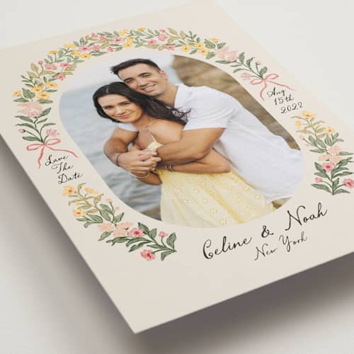 This is a spring save the date with standard by Elly called spring printing on recycled smooth signature in standard