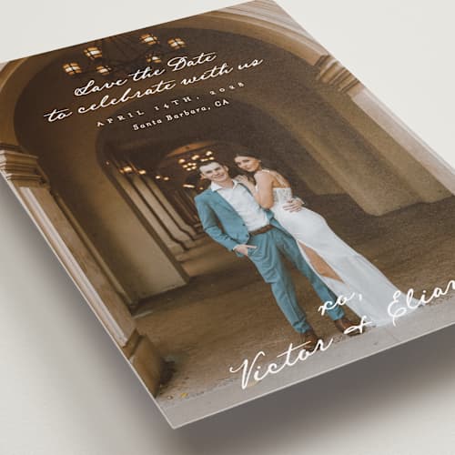 This is a ivory save the date with standard by Alethea and Ruth called celebration xo printing on recycled smooth signature in standard