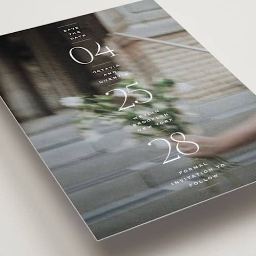 This is a chiffon save the date with standard by Heather Schertzer called updated printing on recycled smooth signature in standard