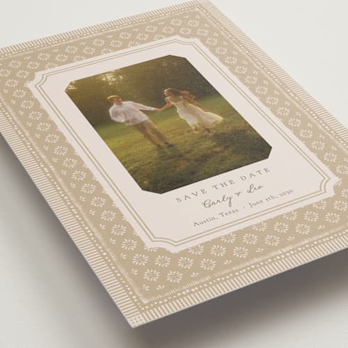 This is a caramel save the date with standard by Erin L. Wilson called prairie printing on recycled smooth signature in standard