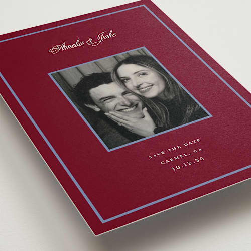 This is a cardinal save the date with standard by Laura Vuletic called orion printing on recycled smooth signature in standard