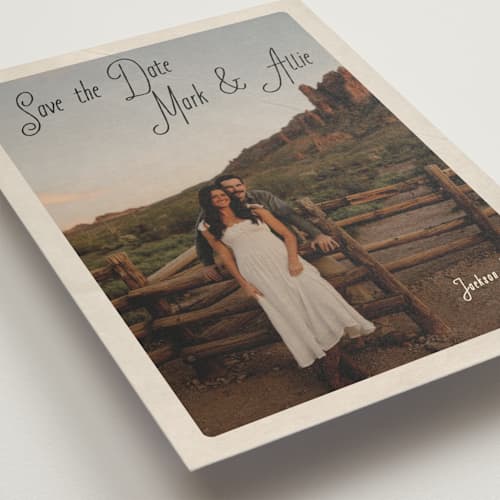 This is a midnight save the date with standard by Jenna Holcomb called vintage mail printing on recycled smooth signature in standard