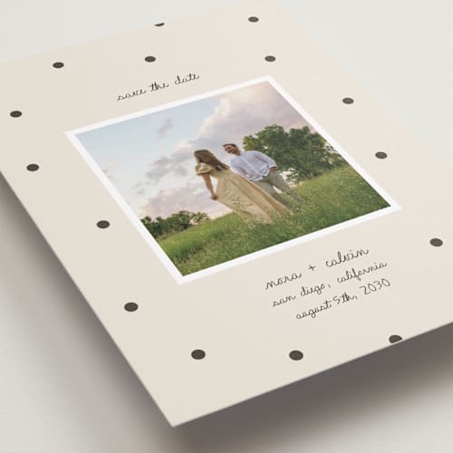 This is a cream save the date with standard by taylorVdesign called polka dots printing on recycled smooth signature in standard