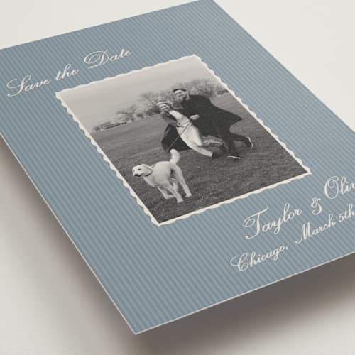 This is a ocean save the date with standard by Kristie Kern called a vintage vibe printing on recycled smooth signature in standard