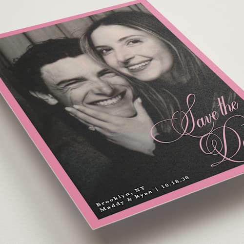 This is a peony save the date with standard by Morgan Kendall called bubblegum printing on recycled smooth signature in standard