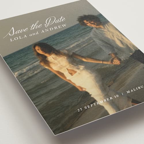 This is a pearl save the date with standard by Stacey Day called essence printing on recycled smooth signature in standard