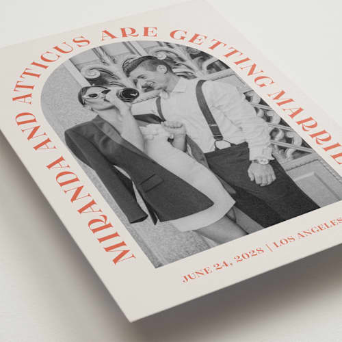 This is a persimmon save the date with standard by Sarah Cohn called surrounding printing on recycled smooth signature in standard