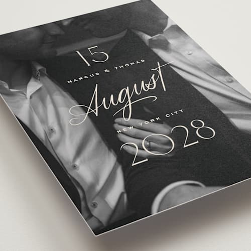 This is a ivory save the date with standard by Oscar and Emma - Karly Depew called the date is set printing on recycled smooth signature in standard