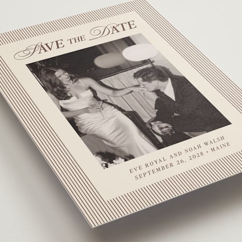 This is a maroon save the date with standard by Pati Cascino called sienna printing on recycled smooth signature in standard