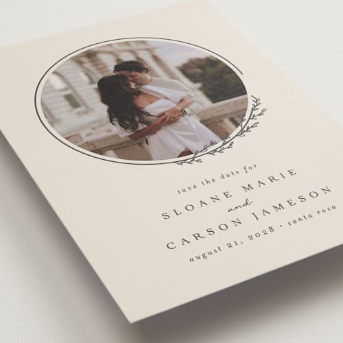 This is a almond save the date with standard by Brianne Larsen called branched printing on recycled smooth signature in standard