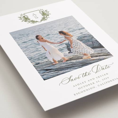 This is a moss save the date with standard by Cass Loh called watercolor flowers crest printing on recycled smooth signature in standard