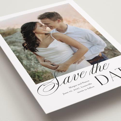 This is a paper save the date with standard by Stacey Meacham called classic manor printing on recycled smooth signature in standard