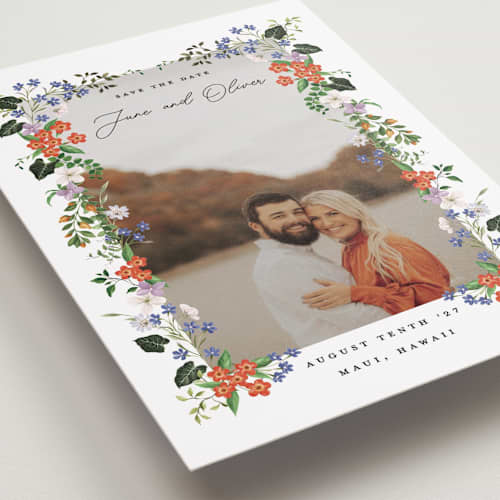 This is a lotus save the date with standard by Sarah Knight called tropicana printing on recycled smooth signature in standard