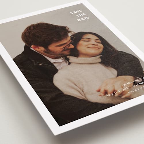 This is a cotton save the date with standard by Stacey Meacham called minimalist border printing on recycled smooth signature in standard