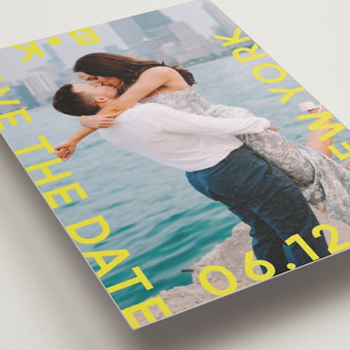 This is a sunflower save the date with standard by Lori Wemple called type printing on recycled smooth signature in standard