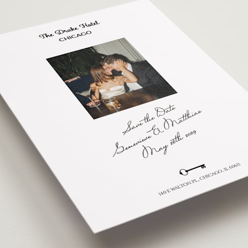 This is a ivory save the date with standard by Studio Suku called hotel printing on recycled smooth signature in standard