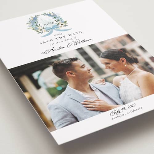 This is a bluebell save the date with standard by Susan Moyal called disney's cinderella fairytale printing on recycled smooth signature in standard