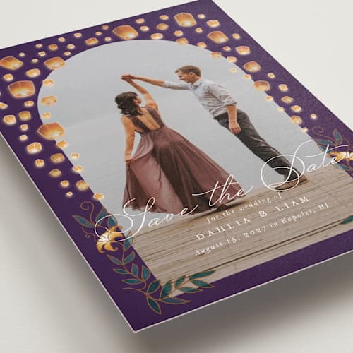This is a twilight save the date with standard by Simona Camp called disney's tangled lanterns printing on recycled smooth signature in standard