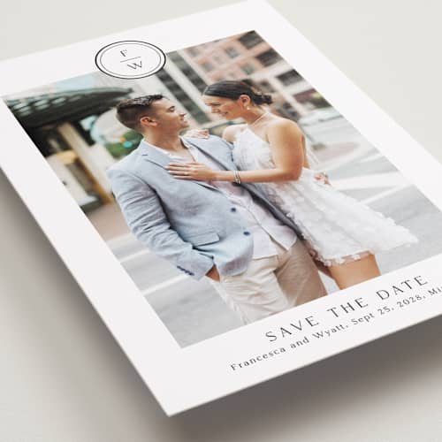 This is a cotton save the date with standard by Stacey Meacham called circle monogram printing on recycled smooth signature in standard