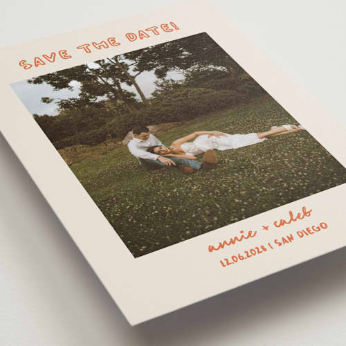 This is a hibiscus save the date with standard by Stephanie Heinrich Godbout called modern outline printing on recycled smooth signature in standard