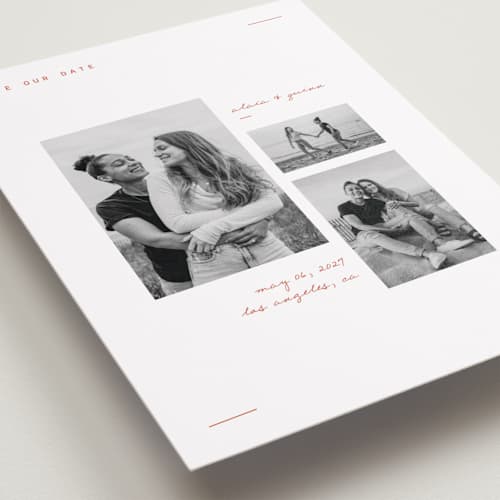 This is a verona sunset save the date with standard by Blustery August called alaia printing on recycled smooth signature in standard