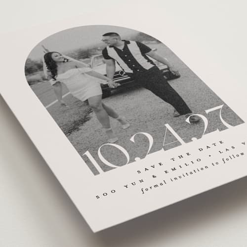 This is a latte save the date with standard by Brooke Chandler called era printing on recycled smooth signature in standard