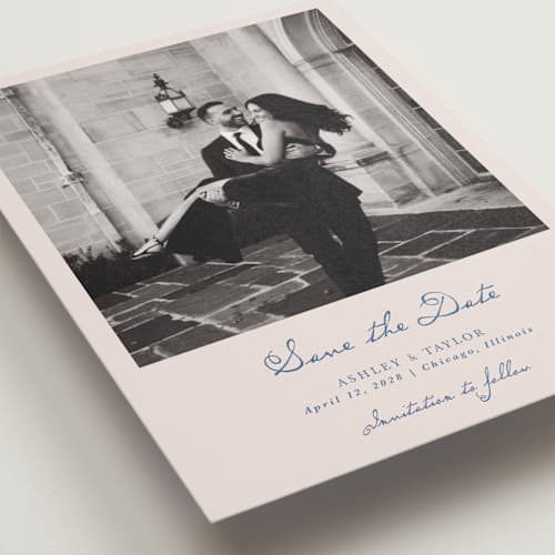 This is a royal save the date with standard by Cass Loh called swan crest printing on recycled smooth signature in standard