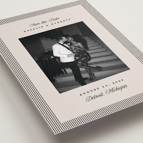 This is a noir save the date with standard by Pixel and Hank called linea printing on recycled smooth signature in standard