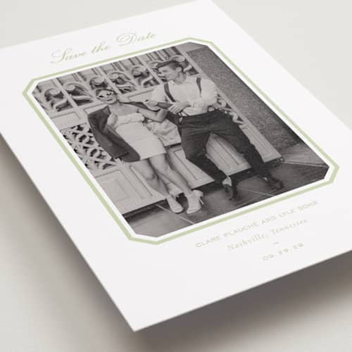 This is a mint save the date with standard by Sara Hicks Malone called montgomery printing on recycled smooth signature in standard